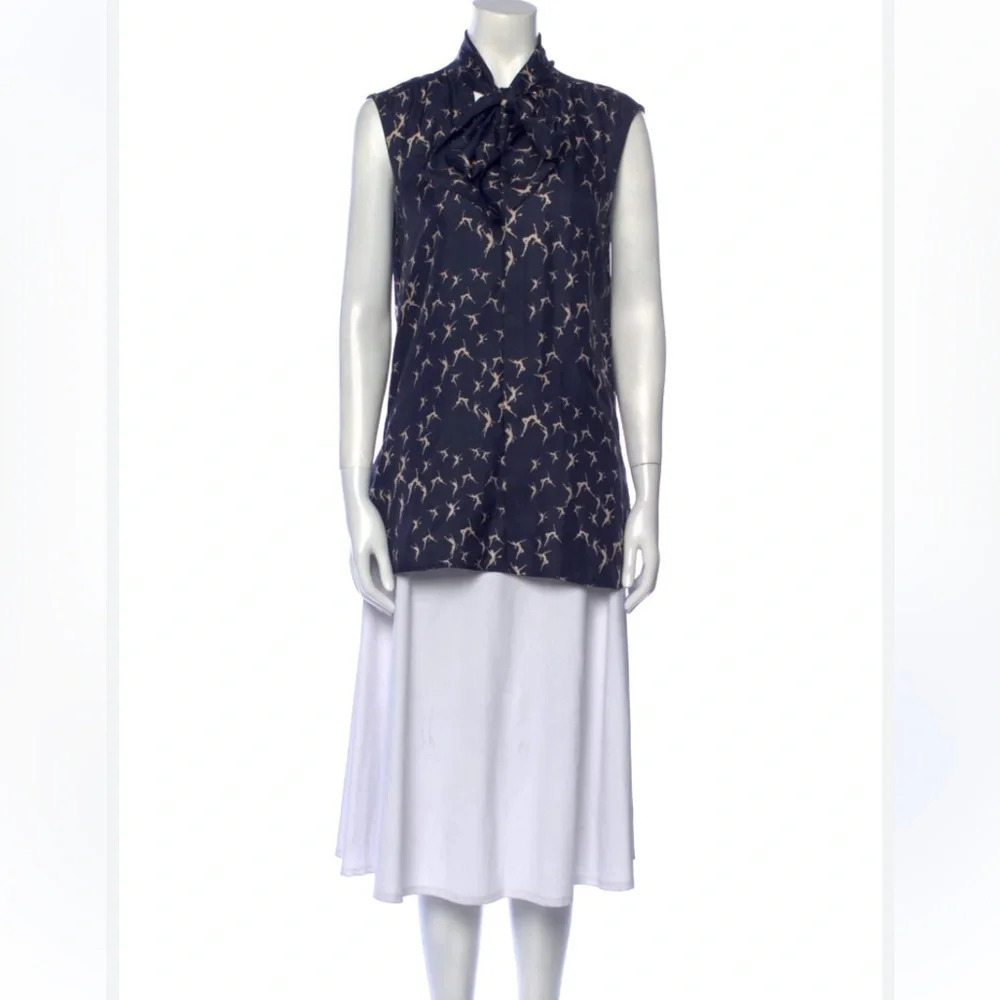 MaxMara dancer patterned tie neck tunic navy blue white 17988